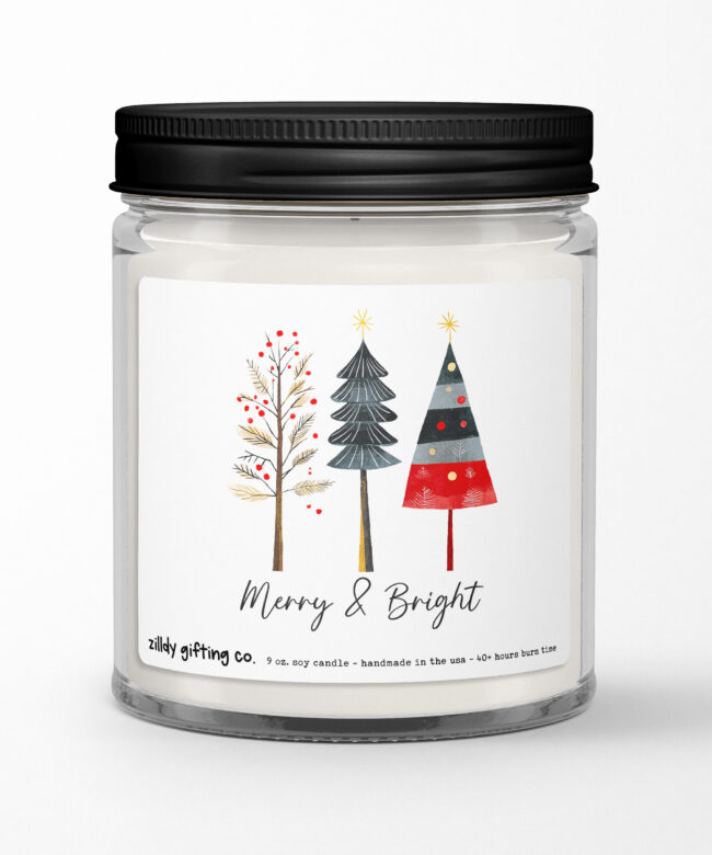 Merry and Bright with Christmas Trees Personalized Soy Candle Gift