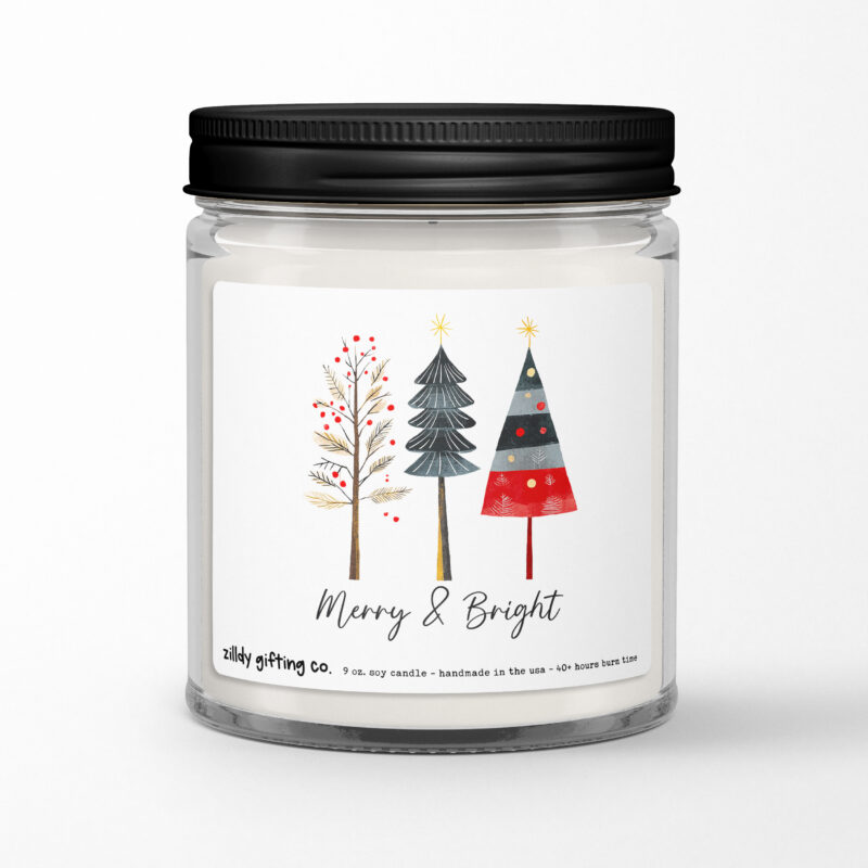 Merry and Bright with Christmas Trees Personalized Soy Candle Gift