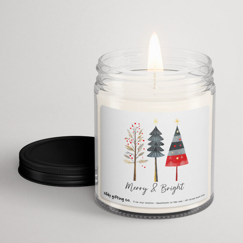 Merry and Bright with Christmas Trees Personalized Soy Candle Gift