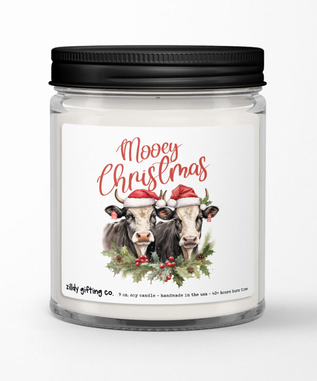 Mooey Christmas with Festive Cows Personalized Soy Candle Gift • Christmas Holidays