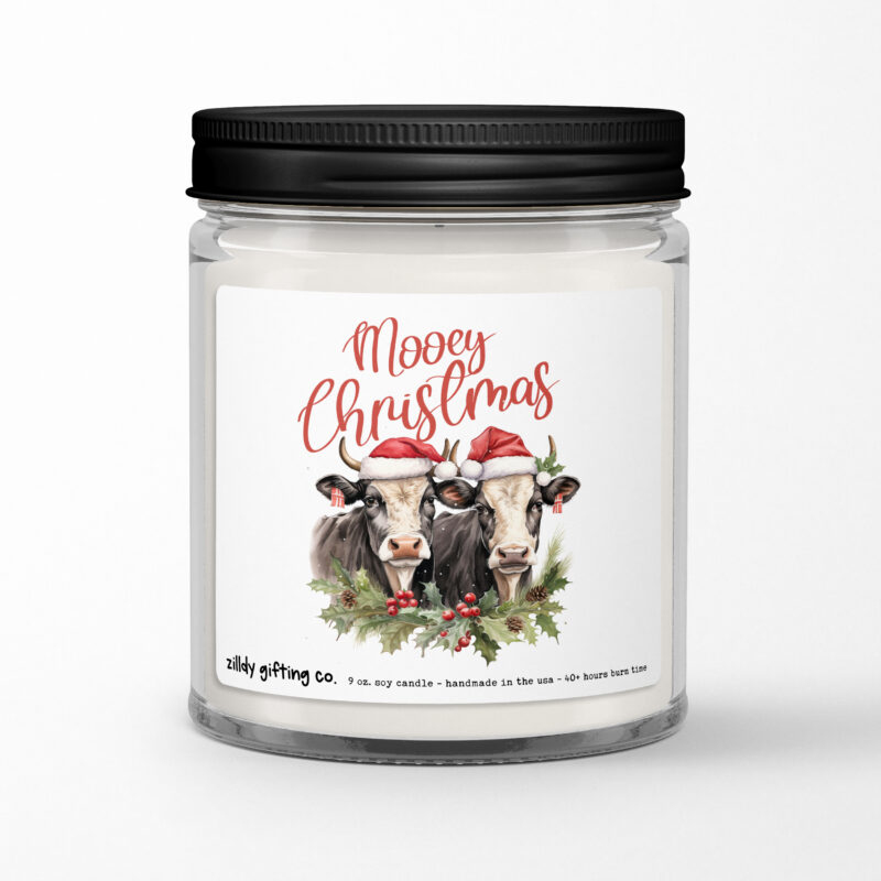 Mooey Christmas with Festive Cows Personalized Soy Candle Gift • Christmas Holidays