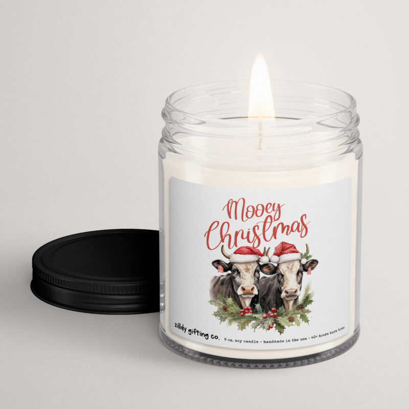 Mooey Christmas with Festive Cows Personalized Soy Candle Gift • Christmas Holidays