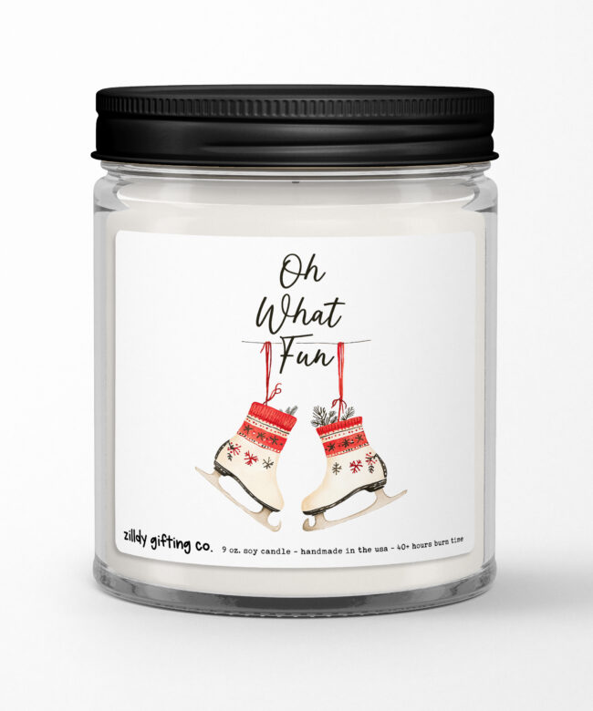 Oh What Fun with Festive Ice Skates Personalized Soy Candle Gift • Christmas Holidays