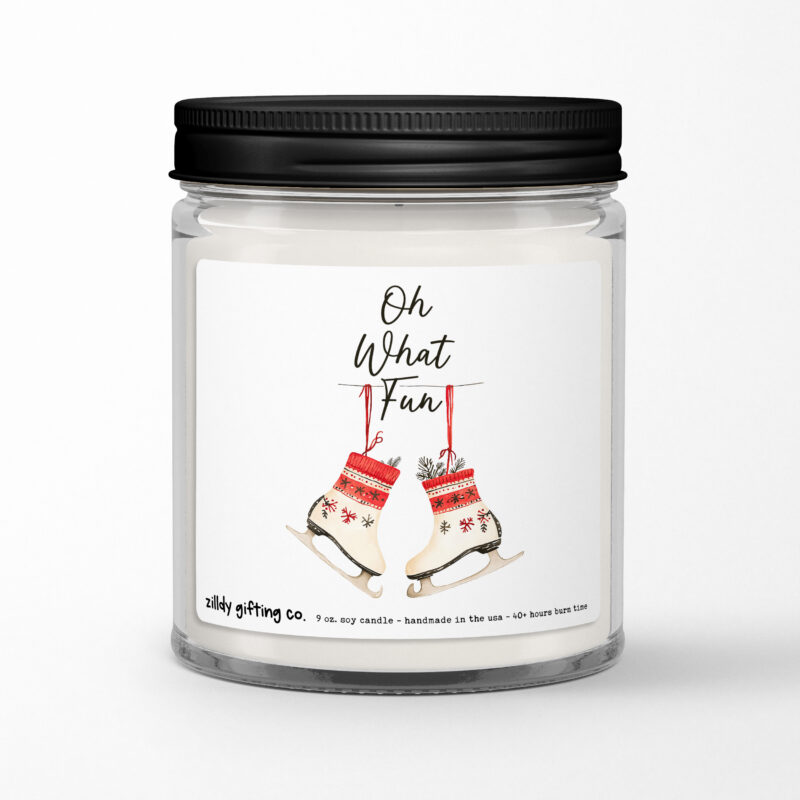 Oh What Fun with Festive Ice Skates Personalized Soy Candle Gift • Christmas Holidays