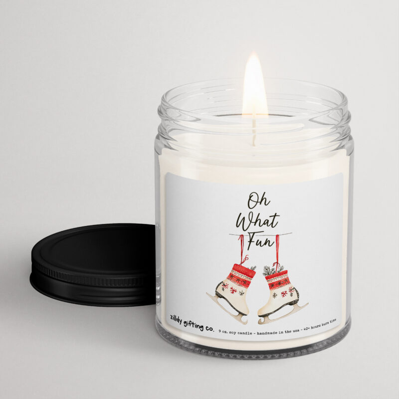 Oh What Fun with Festive Ice Skates Personalized Soy Candle Gift • Christmas Holidays