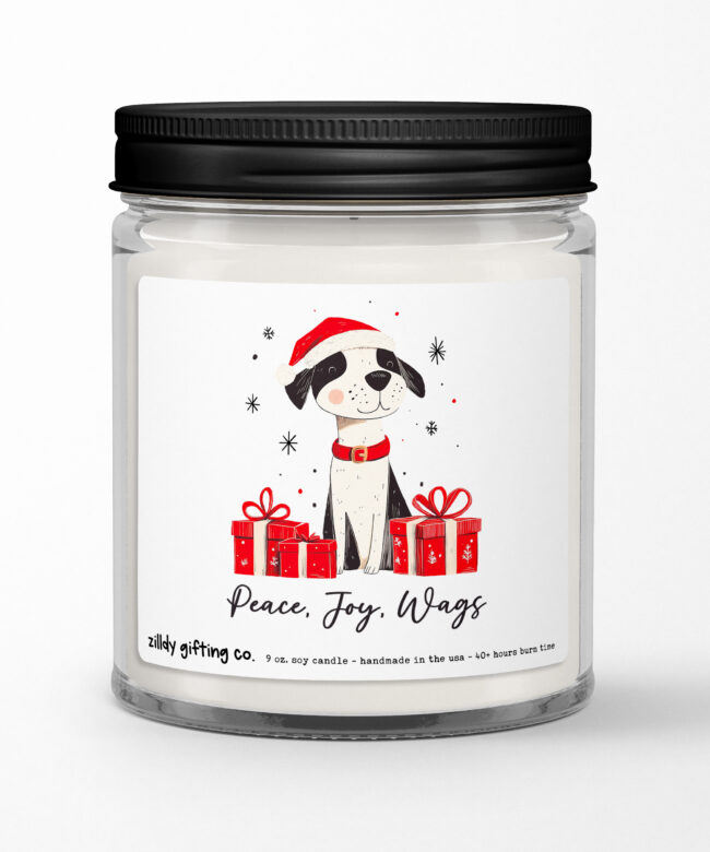 Peace Joy Wags with Cute Dog Personalized Soy Candle Gift • Christmas Holidays