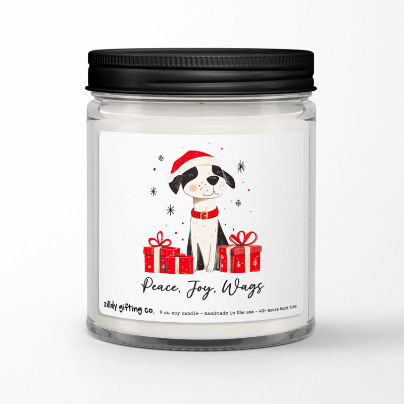 Peace Joy Wags with Cute Dog Personalized Soy Candle Gift • Christmas Holidays