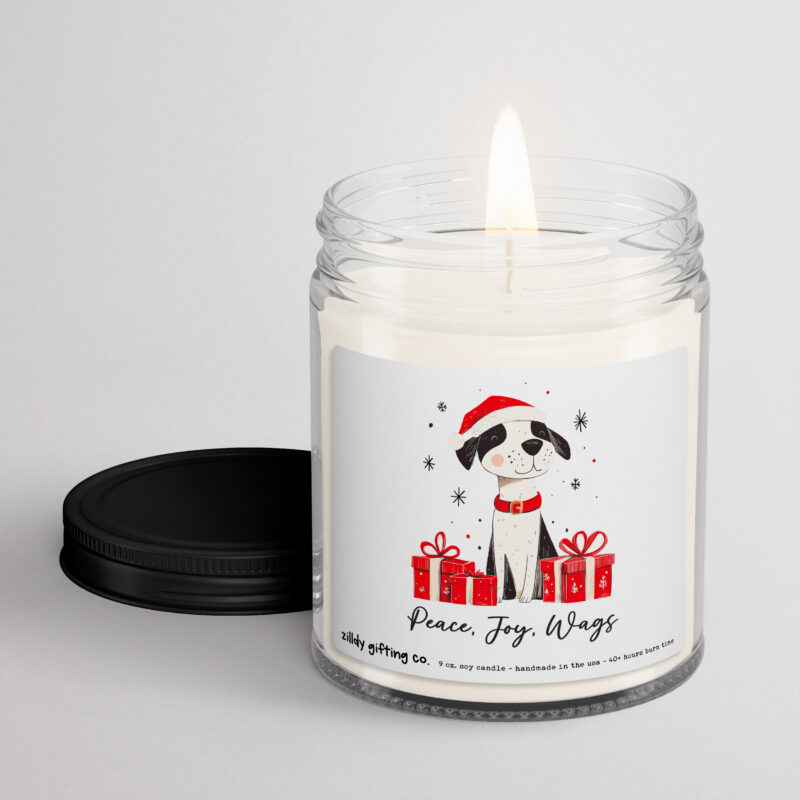 Peace Joy Wags with Cute Dog Personalized Soy Candle Gift • Christmas Holidays