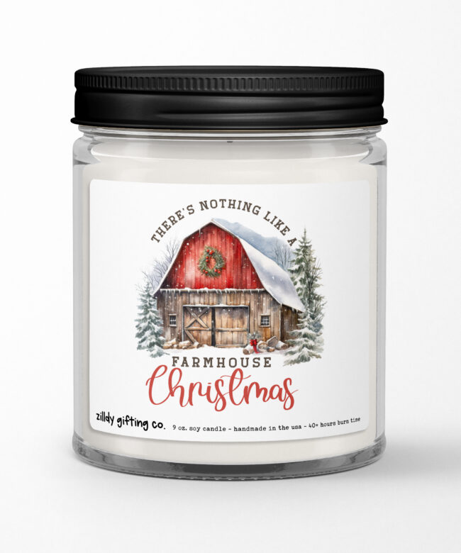 There's Nothing Like a Farmhouse Christmas with Barn Personalized Soy Candle Gift • Christmas Holidays