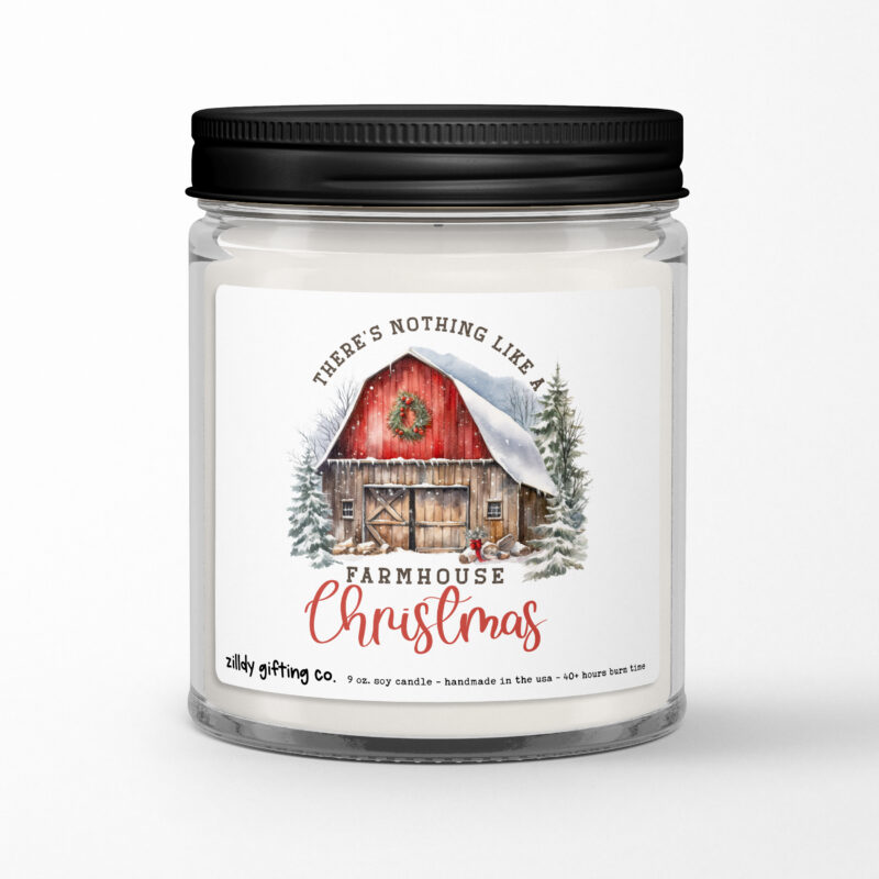 There's Nothing Like a Farmhouse Christmas with Barn Personalized Soy Candle Gift • Christmas Holidays