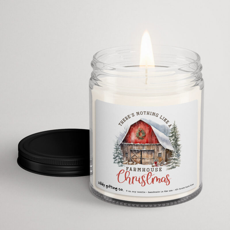 There's Nothing Like a Farmhouse Christmas with Barn Personalized Soy Candle Gift • Christmas Holidays