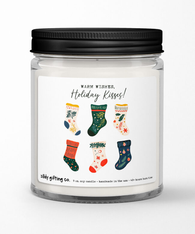 Warm Wishes, Holiday Kisses! with Festive Stockings Personalized Soy Candle Gift  • Christmas Holidays