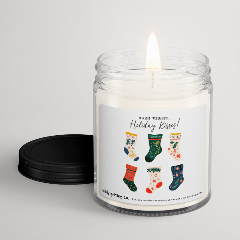 Warm Wishes, Holiday Kisses! with Festive Stockings Personalized Soy Candle Gift  • Christmas Holidays