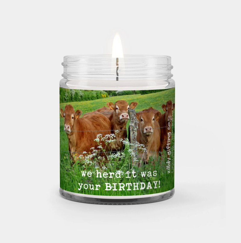 We Herd It Was Your Birthday Personalized Soy Candle Gift with Cows