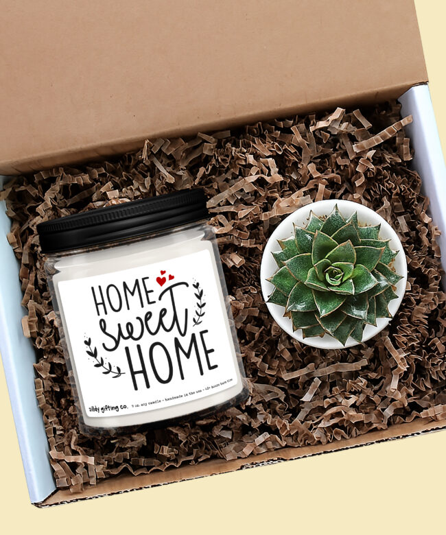 Home Sweet Home with Hearts Personalized Soy Candle and Succulent Gift