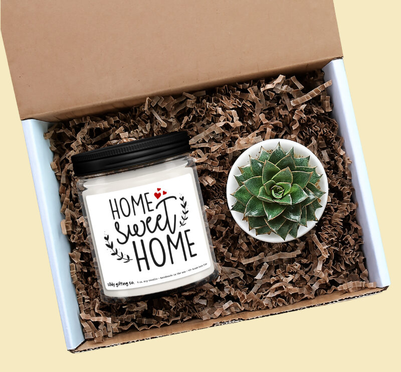 Home Sweet Home with Hearts Personalized Soy Candle and Succulent Gift