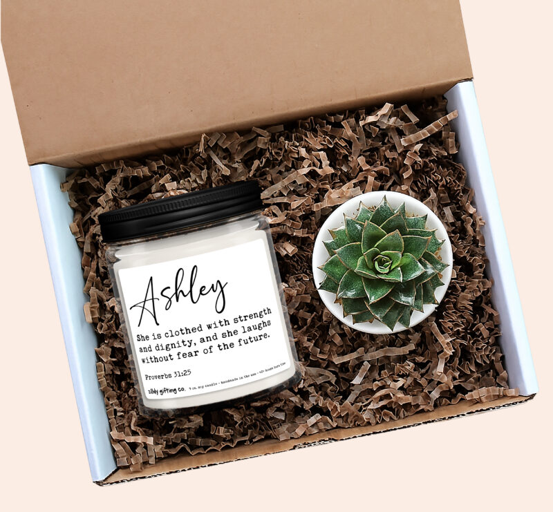 Personalized Proverbs 31:25 - She Is Clothed With Strength... Soy Candle and Succulent Gift