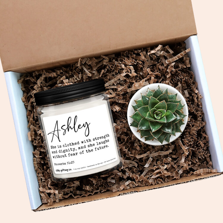 Personalized Proverbs 31:25 - She Is Clothed With Strength... Soy Candle and Succulent Gift