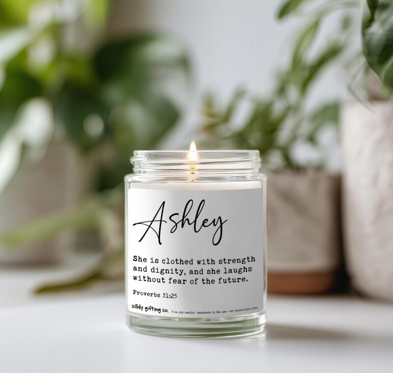 Personalized Proverbs 31:25 - She Is Clothed With Strength... Soy Candle and Succulent Gift - Image 2