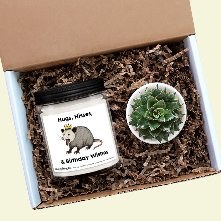 Hugs, Hisses, & Birthday Wishes with Opossum Personalized Soy Candle and Succulent Gift