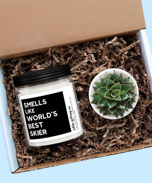 Smells Like World's Best Skier Personalized Soy Candle and Succulent Gift