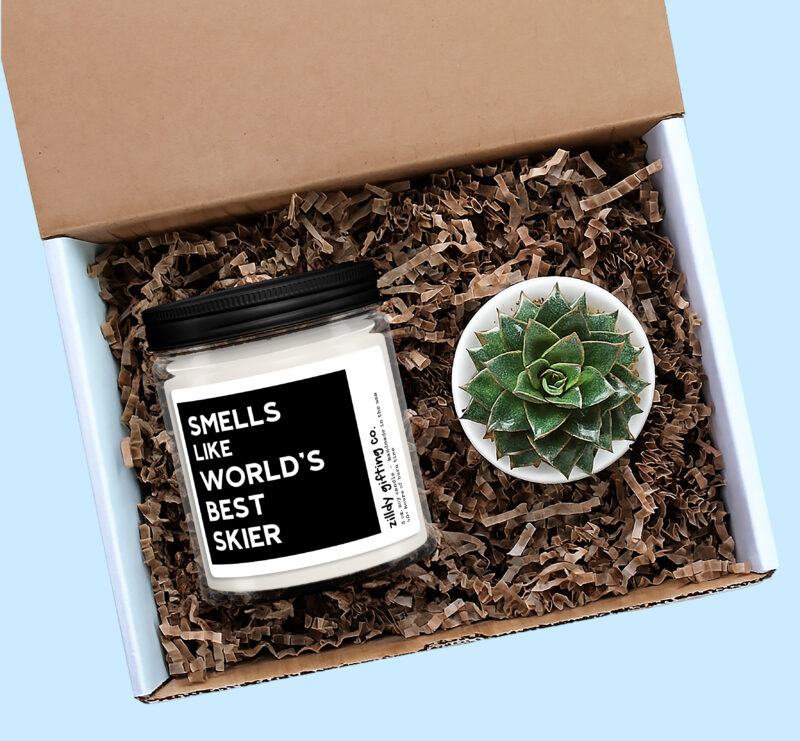 Smells Like World's Best Skier Personalized Soy Candle and Succulent Gift