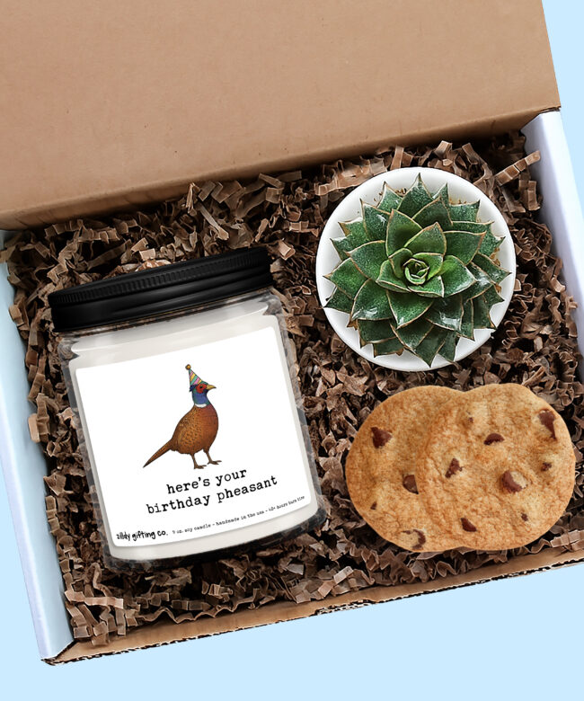 Funny Birthday Candle Gift Box – “Here’s Your Birthday Pheasant” – Personalized Soy Candle with Succulent & Cookies – Handmade Gift