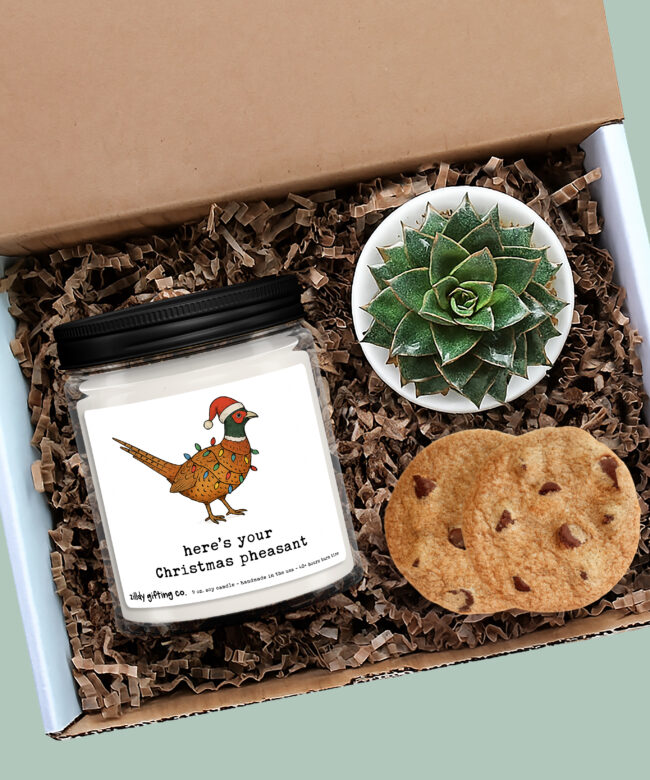 Funny Christmas Candle Gift Box, “Here’s Your Christmas Pheasant”, Personalized Soy Candle w Succulent & Cookies