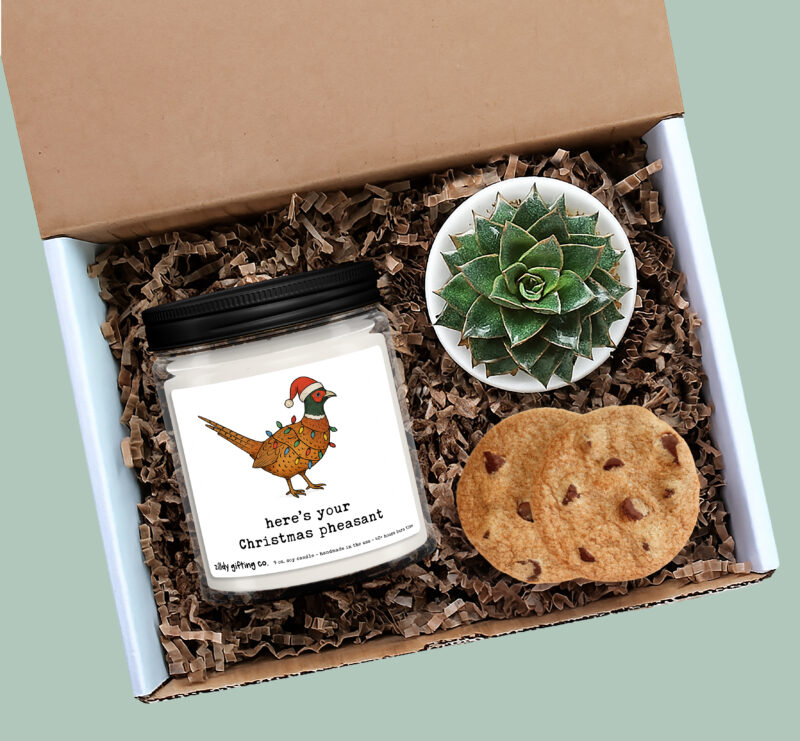 Funny Christmas Candle Gift Box, “Here’s Your Christmas Pheasant”, Personalized Soy Candle w Succulent & Cookies