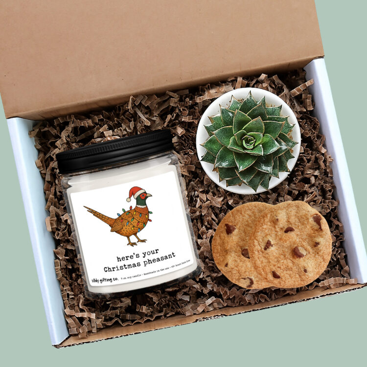 Funny Christmas Candle Gift Box, “Here’s Your Christmas Pheasant”, Personalized Soy Candle w Succulent & Cookies