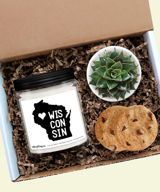Wisconsin Personalized Soy Candle, Succulent and Cookies Gift
