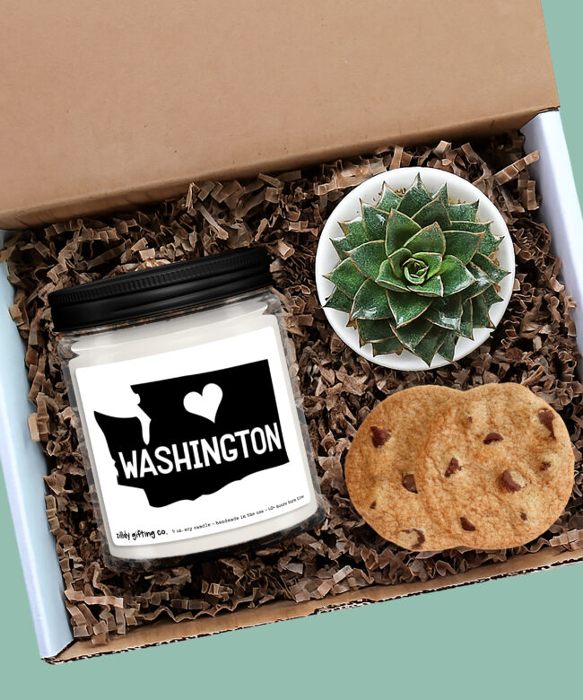 Personalized Washington State Gift Box: Soy Candle, Succulent, Cookies - Handmade