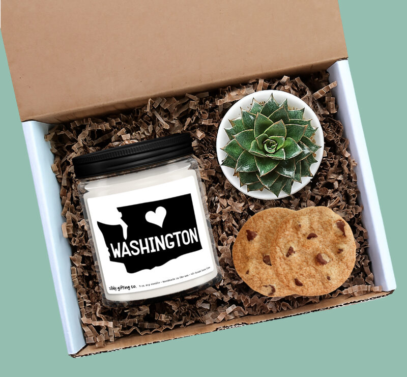 Personalized Washington State Gift Box: Soy Candle, Succulent, Cookies - Handmade
