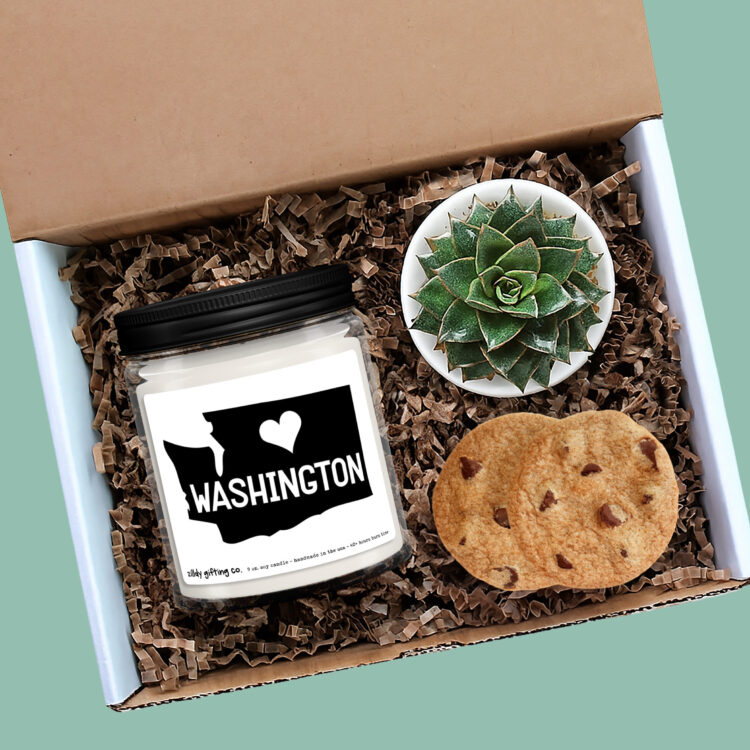 Personalized Washington State Gift Box: Soy Candle, Succulent, Cookies - Handmade