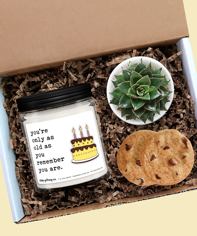 Funny Birthday Candle Gift Box – “You’re Only As Old As You Remember You Are” – Soy Candle with Succulent & Cookies