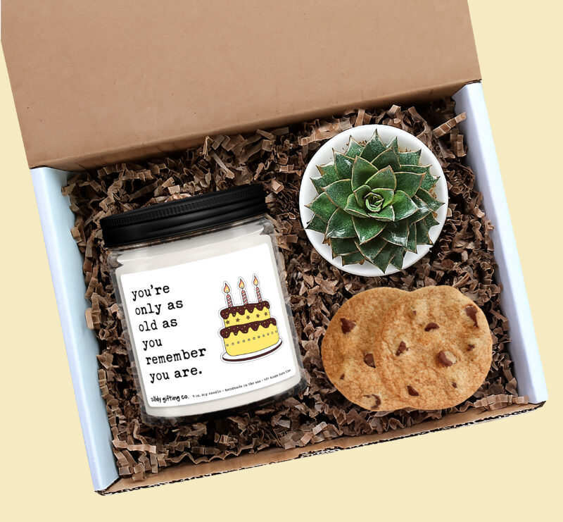 Funny Birthday Candle Gift Box – “You’re Only As Old As You Remember You Are” – Soy Candle with Succulent & Cookies