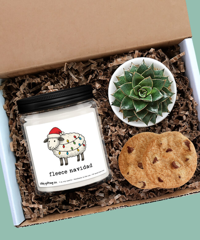 Funny Christmas Candle Gift - “Fleece Navidad” - Personalized Candle, Succulent & Cookies