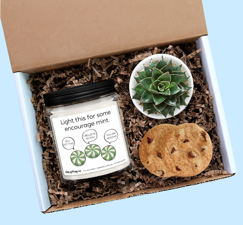 Encouragement Gift Box, “Light This for Some Encourage mint”, Personalized Soy Candle, Succulent & Cookies, Self Care Gift for Friend