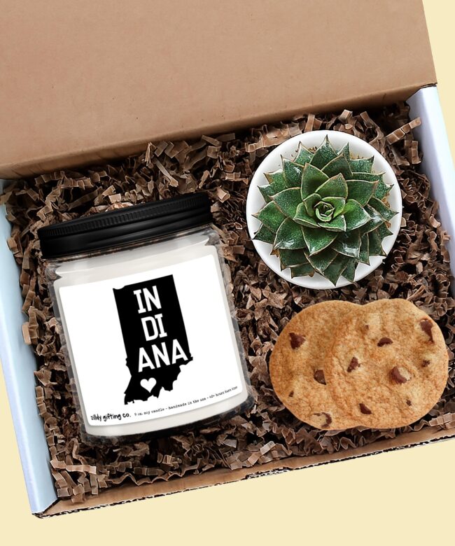 Indiana Candle, Succulent Gift Box with Cookies, Personalized 9oz Handmade Soy Candle, State Pride Gift, Housewarming, Thinking of You