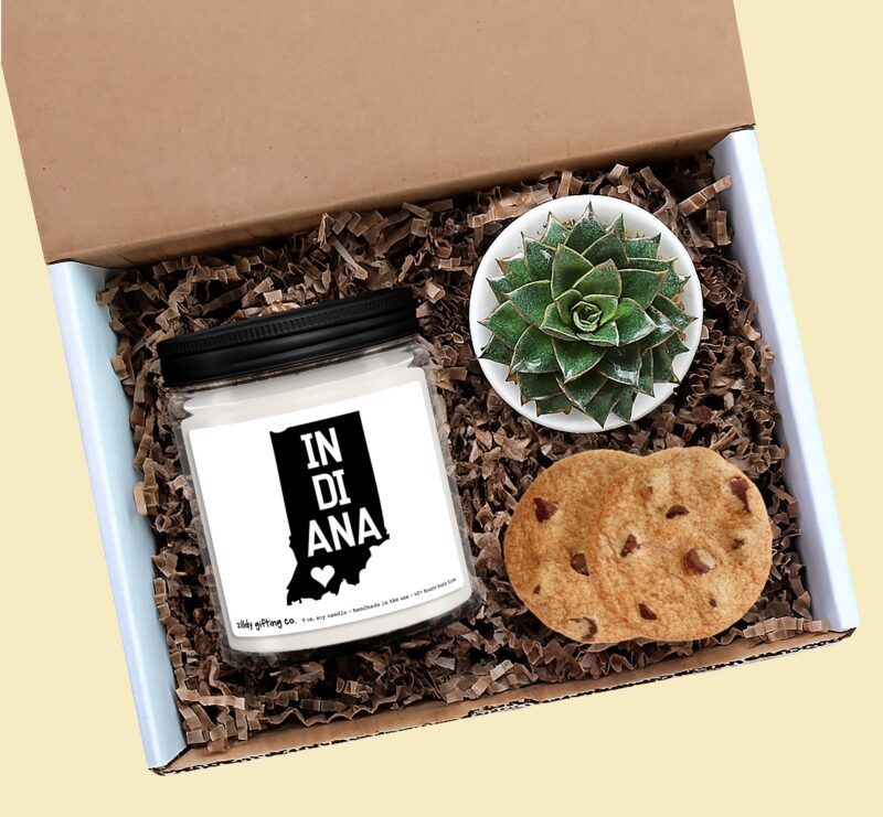 Indiana Candle, Succulent Gift Box with Cookies, Personalized 9oz Handmade Soy Candle, State Pride Gift, Housewarming, Thinking of You
