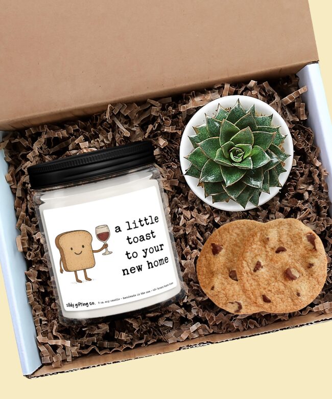 Cute Housewarming Gift Box “A Little Toast to Your New Home”, Soy Candle, Succulent & Cookies