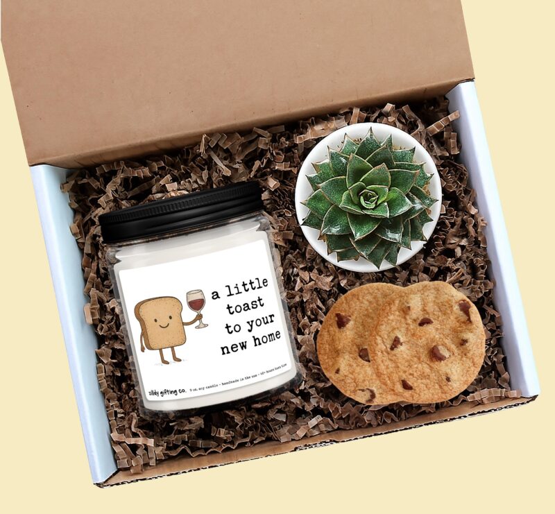 Cute Housewarming Gift Box “A Little Toast to Your New Home”, Soy Candle, Succulent & Cookies