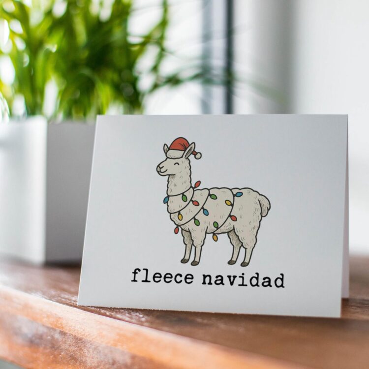 Fleece Navidad Christmas Funny Card - Llama in Santa Hat with Lights - Holiday Greeting
